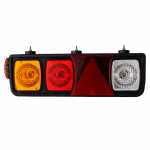 Conjunto de lanterna traseira tricolor (âmbar / cristal / vermelha) com lente lisa diamantada e triângulo retrorrefletor com lanterna lateral lado esquerdo Guerra carrocerias